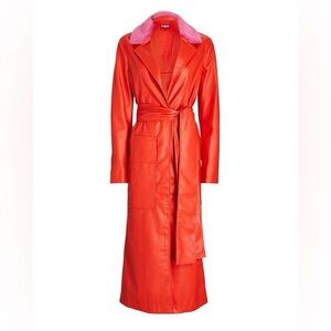NWOT STAUD Ashley Red Trench Coat with Pink Collar